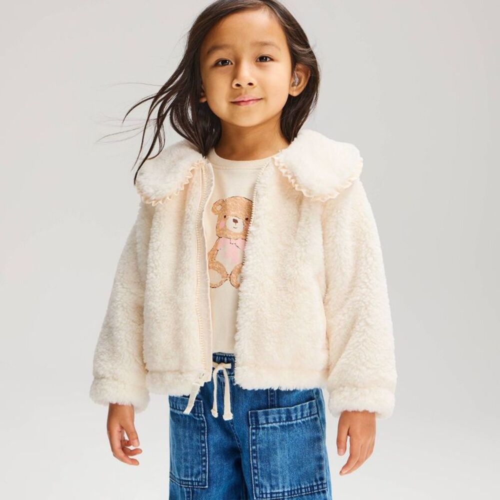 Toddler Girls' Plush Collar Jacket - Cat & Jack Cream 18M